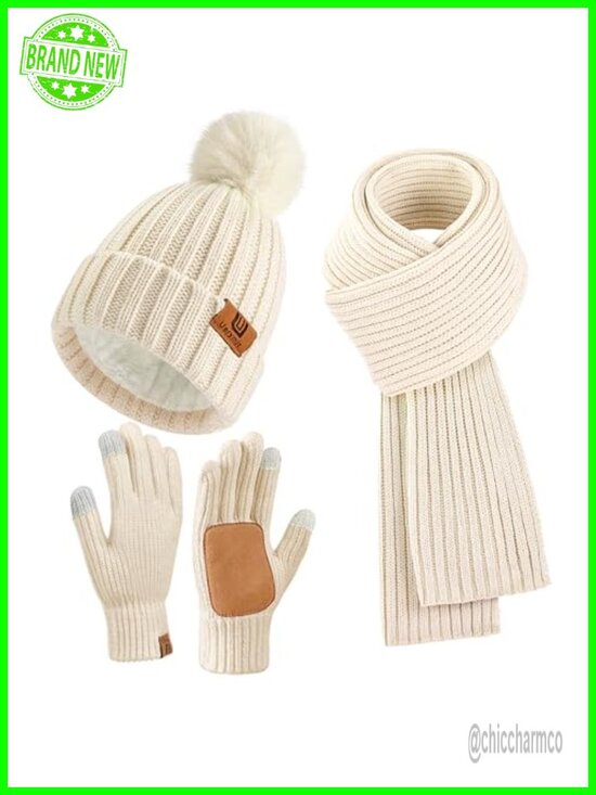 Winter Beanie Hat Scarf Gloves Set Knit Pom Pom Touchscreen Gloves 3in1 main image 4
